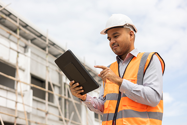 Construction worker using tablet device