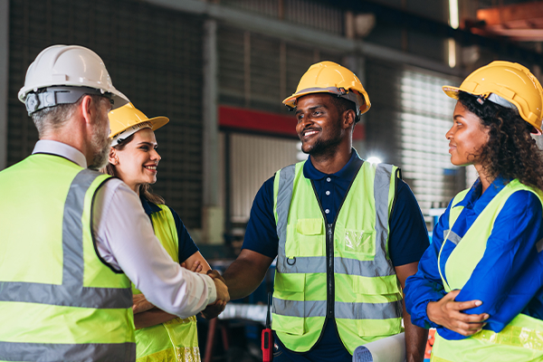 Four people in hardhats and vests talking
