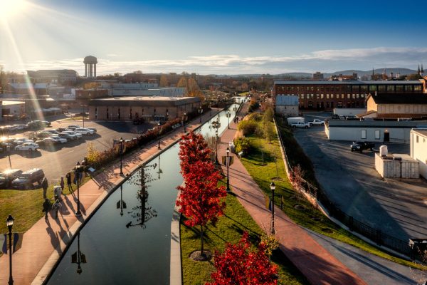 Carroll Creek Linear Park in Frederick Maryland drone shot 